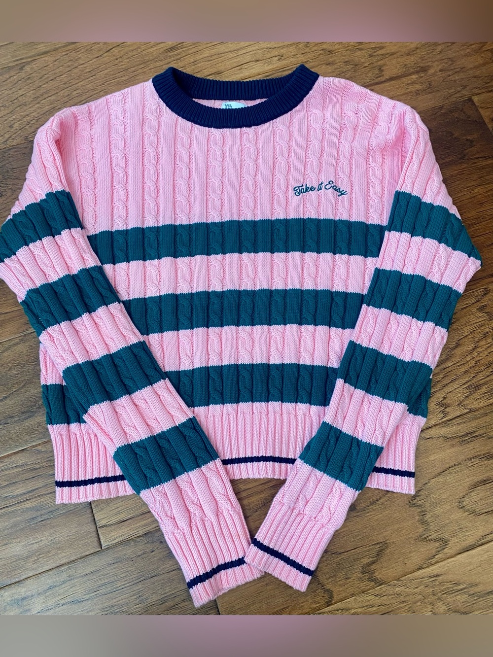 All in‎ motion Pink & Teal Striped Cable Knit Crew Sweater With Navy Details